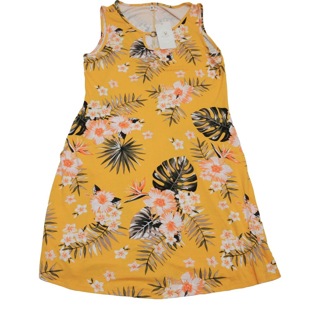 ACTCAT Women's Yellow Tropical Floral Sleeveless Keyhole Knit Midi Dress Size M - Picture 6 of 8